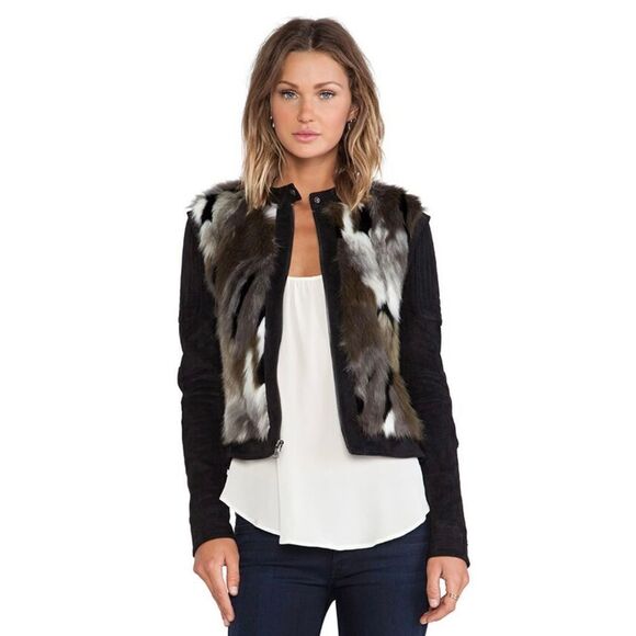 NWOT BCBGMAXAZRIA Faux Fur Dimitri Jacket in Dark Fatigue Combo - Picture 1 of 14